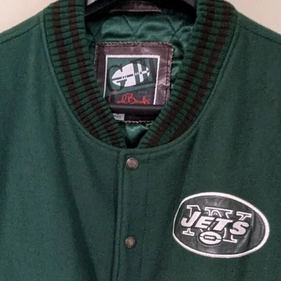New York Jets Vintage Wool Blend Jacket with Real Leather Sleeves - Picture 2 of 9